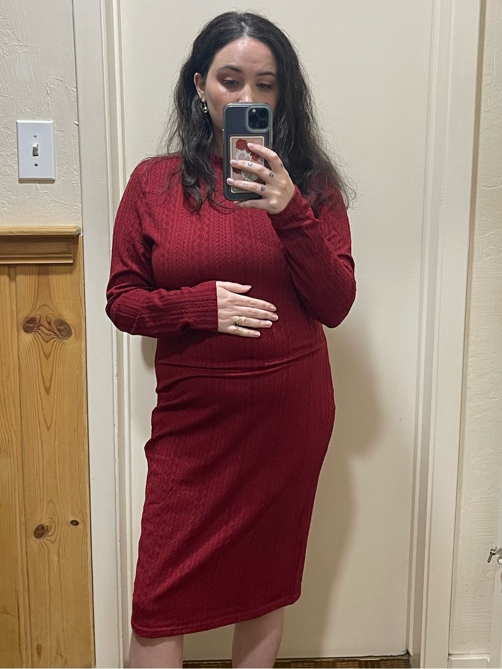 Long Sleeve Burgundy Maternity Knit Dress